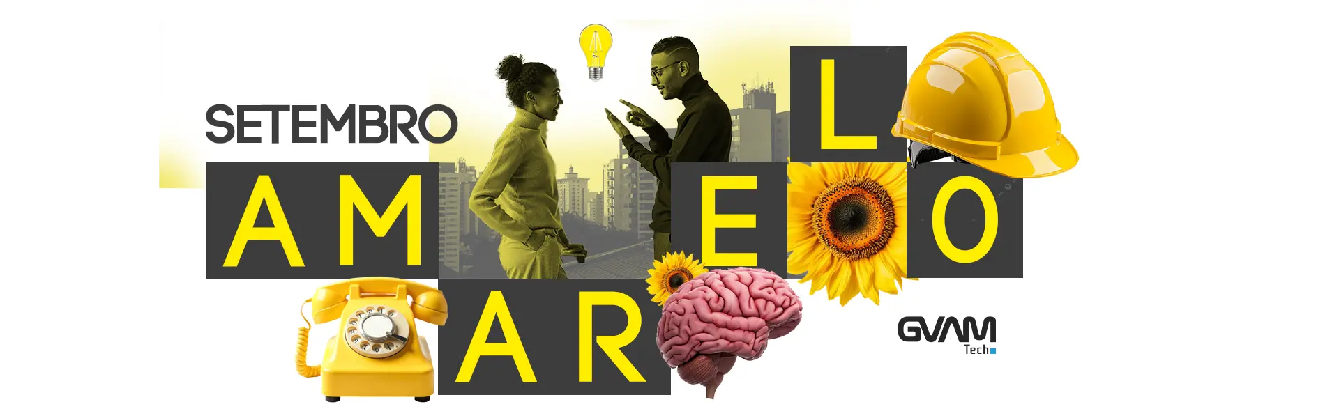 Composição visual em amarelo sobre comunicação, trabalho e saúde mental no Setembro Amarelo